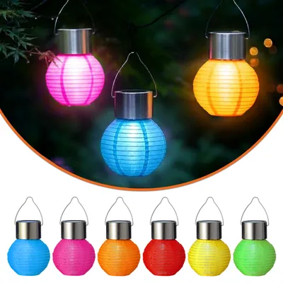 Immagine prodotto di Mini lanterna solare in nylon da appendere, 10 cm, multicolore - Set da 6 - Lanterna LED piccola, illuminata in 6 colori (bianco freddo), per esterni