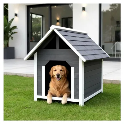 Produktbild von Wetterfeste XXL Hundehütte aus Holz | 75x115x95 cm | Für mittelgroße Hunde | Großer Eingang 34x44 cm, erhöhte Füße 7 cm | Outdoor Hundehaus Garten