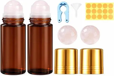 Produktbild von 2 Roll-on-Flaschen, leer, 50 ml, Rosenquarz-Roller, braunes Glas, wiederbefüllbar, auslaufsicher, mit Trichter, für ätherische Öle