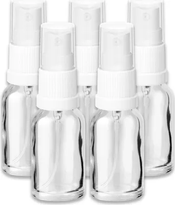Produktbild von 5x Glasflasche klar 15 ml mit weißem Zerstäuber Sprükopf Pumpspray Set