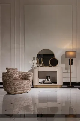 Produktbild von Garnitur Wohnzimmer Sessel Kommode Spiegel Beige Stoff Holz Relax 3tlg