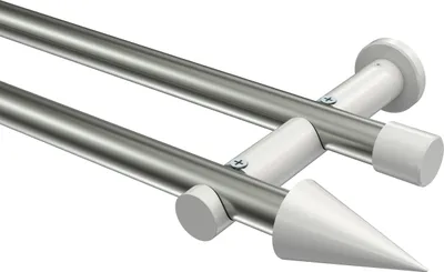 Produktbild von Interdeco Gardinenstange / Vorhangstange Edelstahl-Optik / Weiß, Typ Platon Savio (Kegel) ohne Ringe, 20 mm Ø 2-läufig, 120 cm