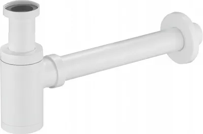 A white bottle trap for a sink, mounted on a white background.