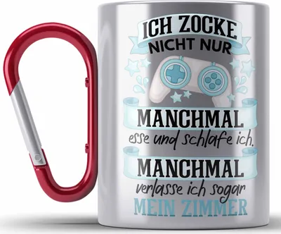 Produktbild von Trendation - Zocker Video Gamer Edelstahl Tasse Karabiner Geschenk Games PC Lustige Gaming Karabiner Edelstahl Tasse Karabiner Edelstahl Spruch Geschenk Jungs Gaming (Rot)