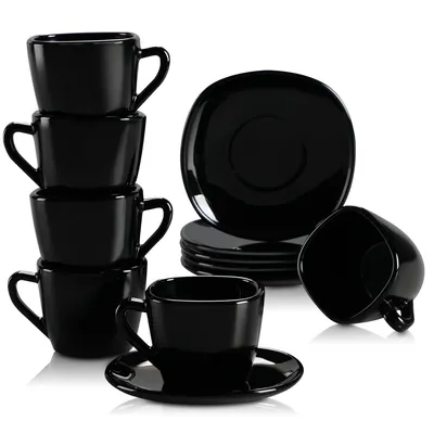 Produktbild von MALACASA, Serie Dennis, Espressotasse und Untertasse, 11,4 cm, schwarzes Glas, quadratisch, 85 ml, 6-teiliges Set