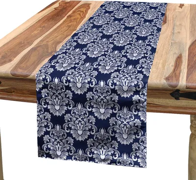 Produktbild von ABAKUHAUS Navy blau Tischläufer, Abstrakter Blumendamast mit antikem viktorianischem Design-Renaissance Flourish, 40 x 180 cm, Dunkelblau Weiß