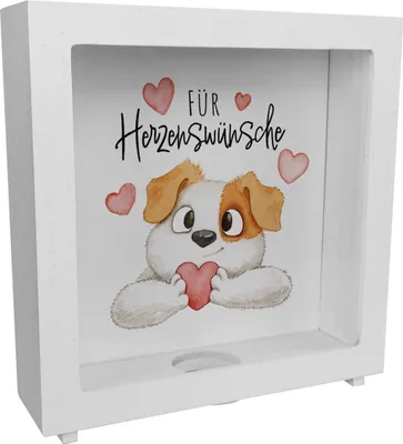 Produktbild von Hund Rahmen Spardose aus Holz mit Spruch Für Herzenswünsche