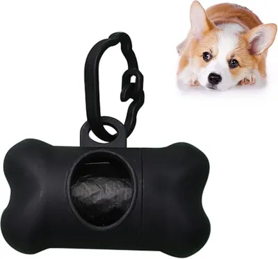 Produktbild von PolkaHome® Hundekotbeutel Spender mit Karabinerhaken, Knochenform, schwarz, inkl. 1 Rolle Beutel