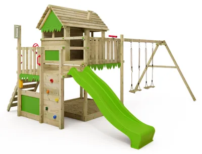 Zdjęcie produktu dla Domek na palach Fatmoose MightyMansion Move XXL ze zjeżdżalnią i huśtawką w kolorze jasnozielonym