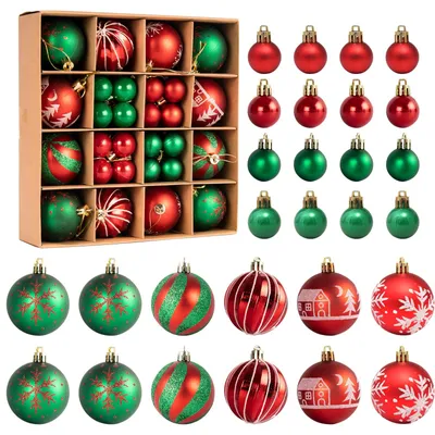 44 Weihnachtskugeln aus Kunststoff, rot-grün, 3/6 cm