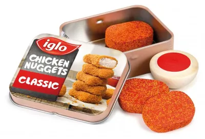 Zdjęcie produktu dla Erzi 15160 Nuggetsy z kurczaka od Iglo wykonane z drewna w puszce, artykuły sklepowe dla dzieci, gry fabularne