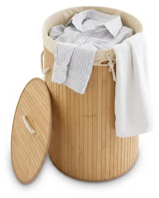 Produktbild von 3 x Wäschekorb Bambus, faltbare Wäschetonne mit Deckel, Volumen 70 Liter, Wäschesack Baumwolle, rund Ø 41 cm, natur