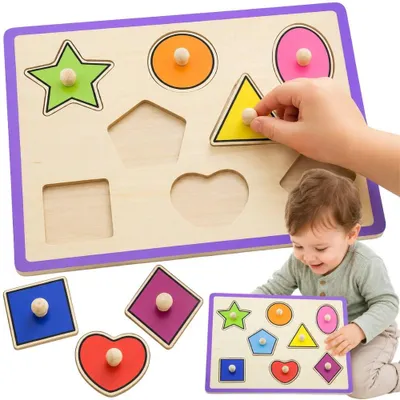 Obrázok produktu pre Drevené farebné puzzle Viga s kolíkmi a tvarmi