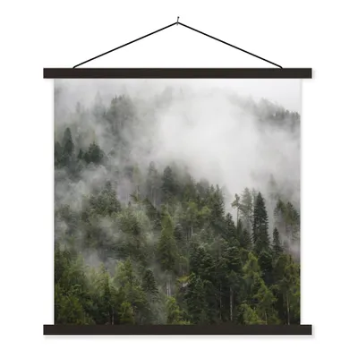 Produktbild von MuchoWow® Textilposter Wald - Nebel - Berg 60x60 cm mit schwarzem Rahmen - Posteraufhänger
