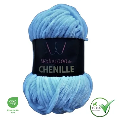 A ball of light blue chenille yarn on a white background.