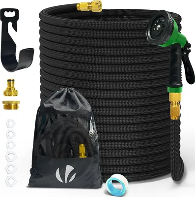 Produktbild von VOUNOT® Flexibler Gartenschlauch 45m, Flexibel Wasserschlauch Dehnbarer mit 10 Sprühfunktionen, Messinganschlüssen,Schwarz