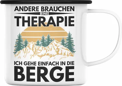 Produktbild von Trendation - Berge Emaille Tasse Geschenk Therapie Lustig Spruch Wandern Klettern Trekking (Schwarz)