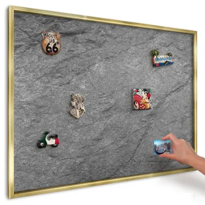 Produktbild von Magnettafel 100x70 cm mit goldenem Rahmen - Magnetische Metalltafel, Magnetpinnwand zur Wandmontage für Wohnzimmer, Küche, Flur, Kinderzimmer und Büro - Grauer Stein