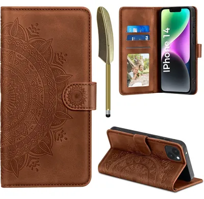 Productafbeelding van Telefoonschaal iPhone 14, leren flippercase, donkeroranje