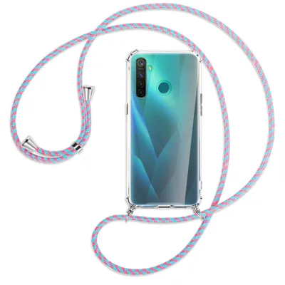 Produktbild von Handykette Backcover-Schutzhülle mit Band (Metall silberfarben) für Realme 5 Pro - pink/mint