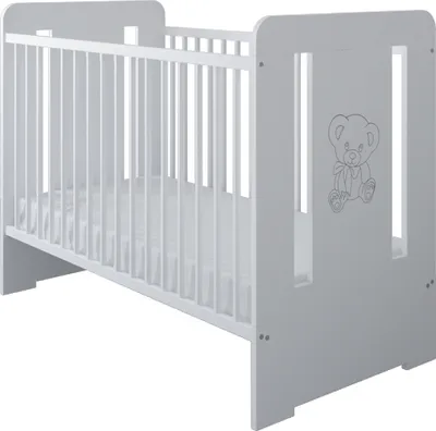 Produktbild von Gitterbett mit Matratze & Kleiner Teddybar Gravur 120x60cm, 3 ausziehbare Sprossen, 3-Stufen-Verstellung , Kiefernholz, Für Mädchen und Junge, Weiß