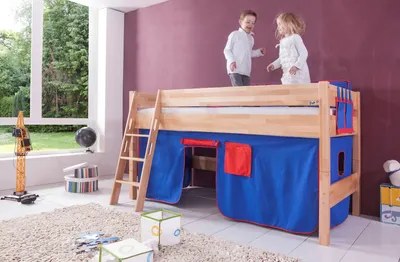 Produktbild von Relita Halbhohes Spielbett Kim Buche massiv natur lackiert mit Textil-Set, blau/rot