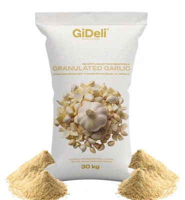 Immagine prodotto di Aglio granulato, 30 kg. Ideale per carne, verdure e pesce. Aromatizzante, per la griglia, prodotto naturale. Marca: GiDeli