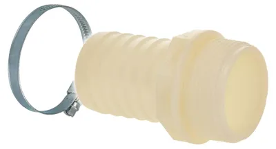 Produktbild von tecuro Schlauchtülle Ø 40 mm x 1 1/2 (6/4) Zoll AG, mit Edelstahlschlauchschelle - Nylon weiß
