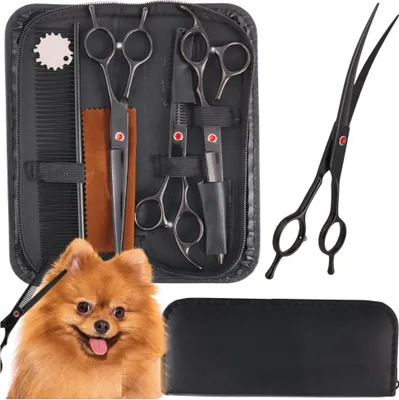 A set of grooming scissors and a comb are displayed in a black case, with a Pomeranian dog in the foreground.