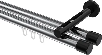 Produktbild von Interdeco Innenlaufstange / Gardinenstange mit Innenlauf Chrom / Schwarz, Typ Siteno Santo (Kappe), 20 mm Ø 2-läufig, 100 cm