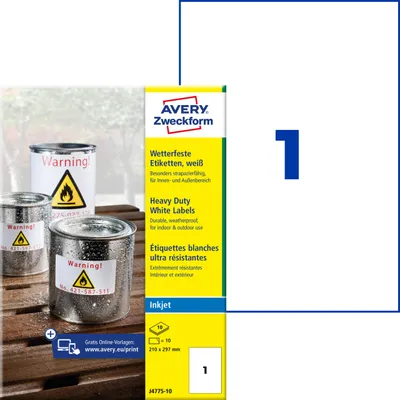 Produktbild von Avery Zweckform J4775-10, Wetterfeste Folien-Etiketten, A4, 210 x 297 mm, 10 Etiketten / 10 Bögen, weiß