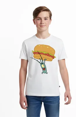 Produktbild von Spreadshirt Spongebob Schwammkopf Plankton Mit Hamburger Teenager Premium T-Shirt, 158/164 (12 Jahre), Weiß