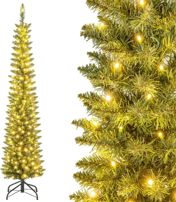 A slim artificial Christmas tree with warm white LED lights, shown against a white background. A close-up view of the tree's branches and lights is shown on the right side of the image.