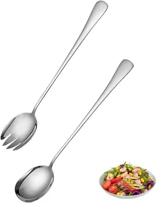 Immagine prodotto di Ibenzoa® Elegante set di posate per insalata, 2 pezzi (forchetta + cucchiaio), 26 cm, acciaio inossidabile, lavabile in lavastoviglie – ideale per la casa, il campeggio e le feste