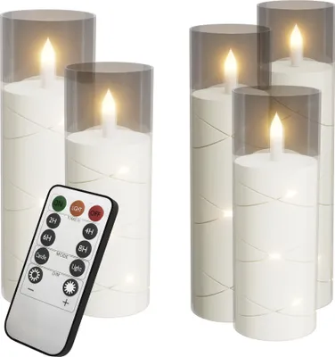 Produktbild von XINZI LED Kerzen 5er Set, Flammenlose Kerzen Ø5 x 14/14/16/18/20 cm, Fernbedienung, Timer, Batteriebetrieben, Batteriebetrieben, Transparent