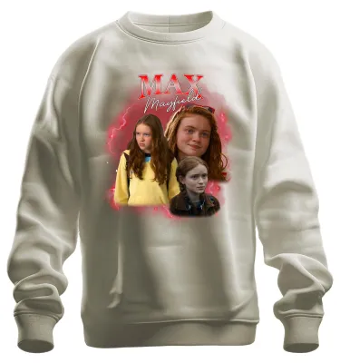Imagen del producto de Sudadera uni de estilo vintage retro de los años 90, diseño "Max Mayfield Stranger Things", ideal como regalo para fans. Talla L, color natural