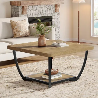 Produktbild von Couchtisch mit Ablagefächern, 80 cm quadratischer Wohnzimmertisch, zweistöckig, mit gebogenem Metallgestell für das Wohnzimmer, braun & schwarz