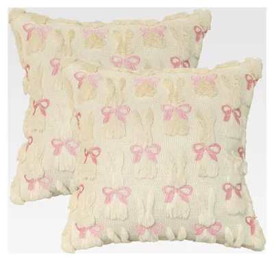 Produktbild von Kissenbezüge aus Kunstpelz in Beige mit Schleifen, 2er Set, 45x45 cm, Plüsch-Samt, Zierkissen für Schlafzimmerdekoration