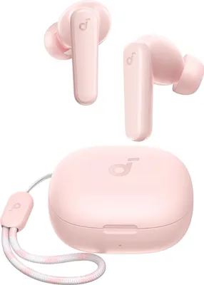 A pair of pink wireless earbuds and their charging case are displayed against a white background.