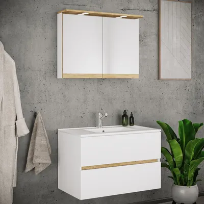 Produktbild von VCM 3-tlg. Waschtisch Set mit Keramikbecken, Badschrank mit 2 Softclose-Schubladen, Spiegelschrank mit Beleuchtung und Steckdose, Maße Unterschrank H. 51 x B. 81 x T. 47 cm, Cosila-I