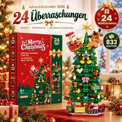 Produktbild von Adventskalender 2026, 24 nummerierte Boxen, Weihnachtsbaum Bausteine 833 Teile, Weihnachts Countdown Kalender, Bauset Weihnachtsgeschenk