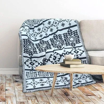 Productafbeelding van Boho-stijl deken, boho-bankspreider, sprei, 180 x 230 cm, 100% handgeweven katoen, dubbelzijdige deken met franjes, bankdeken, vintage Indiaas