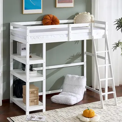 Imagen del producto de Cama alta de 90x200 cm, cama infantil robusta de madera de pino con barandillas de seguridad y escalera, 2 en 1: cama juvenil con estantería de 3 niveles, color blanco