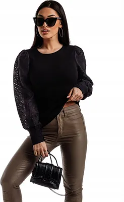 Imagen del producto de Blusa elegante de encaje, blusa bordada para mujer, manga larga, color negro, talla M