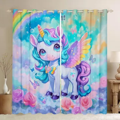 Einhorn-Vorhänge 2er-Set, 175x140 cm, Polyester, Blau/Rosa