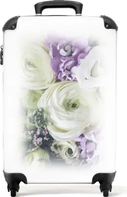 Produktbild von NoBoringSuitcases.com® Koffer Handgepäck Trolley Rollkoffer Kleine Reisekoffer mit 4 Rollen - Blumen - Rosen - Weiß - Lila - Botanisch - Cabin Size < 55x40x23 cm & 55x40x20 cm - Fotokoffer - Kabinenkoffer - BoardgepäckHandgepäck Koffer 55x35x20 cm, 36L,