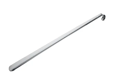 A long, silver shoehorn is shown against a white background.