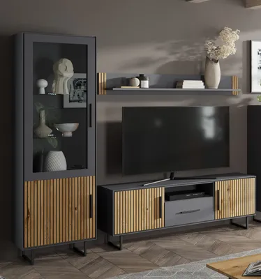 Zdjęcie produktu dla Zestaw mebli do salonu >Joe< (3-częściowy) w kolorze dębu / antracytu – 239 x 197 x 40 (szer. x wys. x gł.)