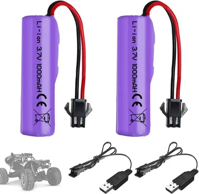 Image de YUNIQUE GREEN-CLEAN-POWER Batterie Li-Ion 3,7 V 1000 mAh SM-2P, lot de 2 avec 2 chargeurs USB pour voitures, bateaux et robots RC rechargeables