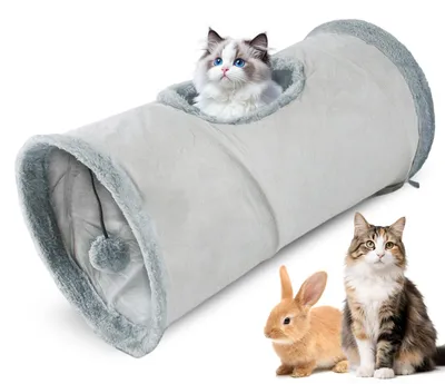 Faltbarer Katzentunnel mit Ball, Rascheltunnel, 50x25x25 cm, grau